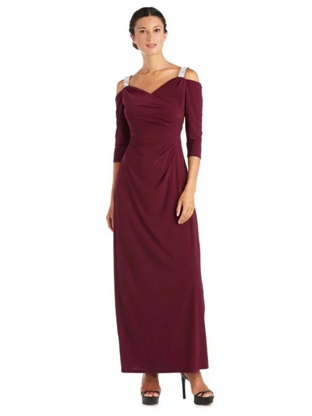 NEW R&M Richards Cold Shoulder Rhinestone Long Formal Dress Size 18W 5659 Merlot